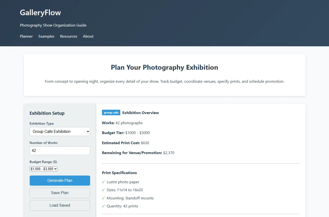 Screenshot of GalleryFlow: Photography Show Organization Guide interface showing the project page in use